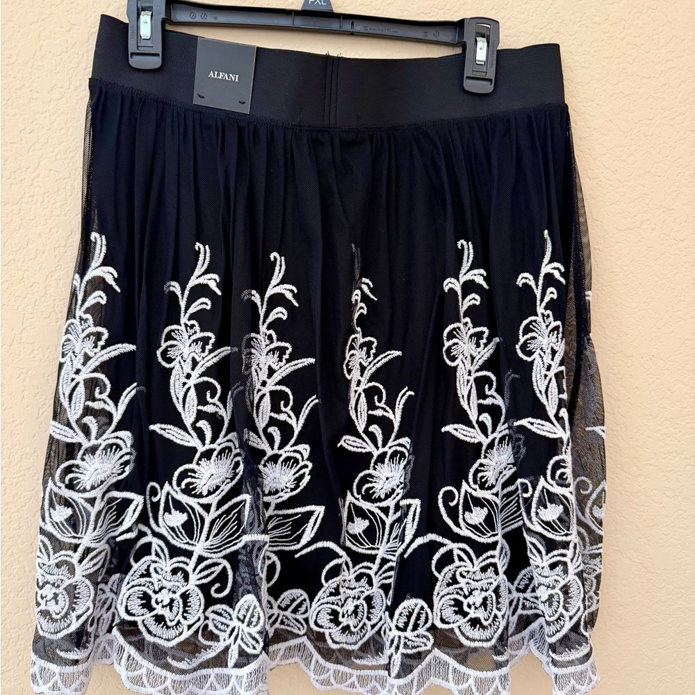 Alfani Black Skirt with White Floral Lace Overlay